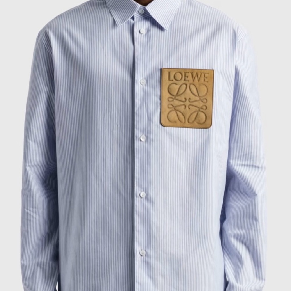 Loewe Light Blue Striped Shirt with Tan Leather Patch